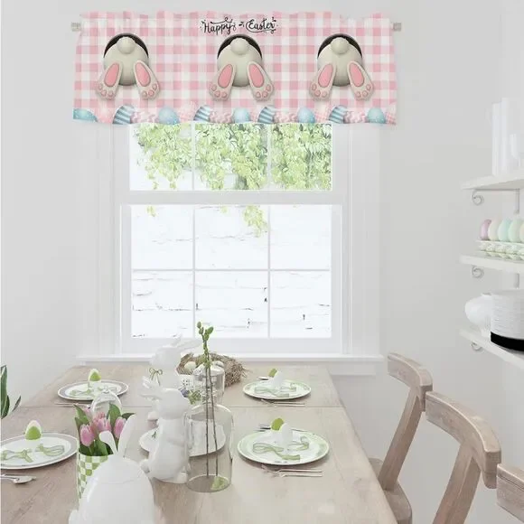 Easter Curtain Valances for Windows, Bunny Easter Eggs Floral Spring Pink Plaid - Picture 8 of 8